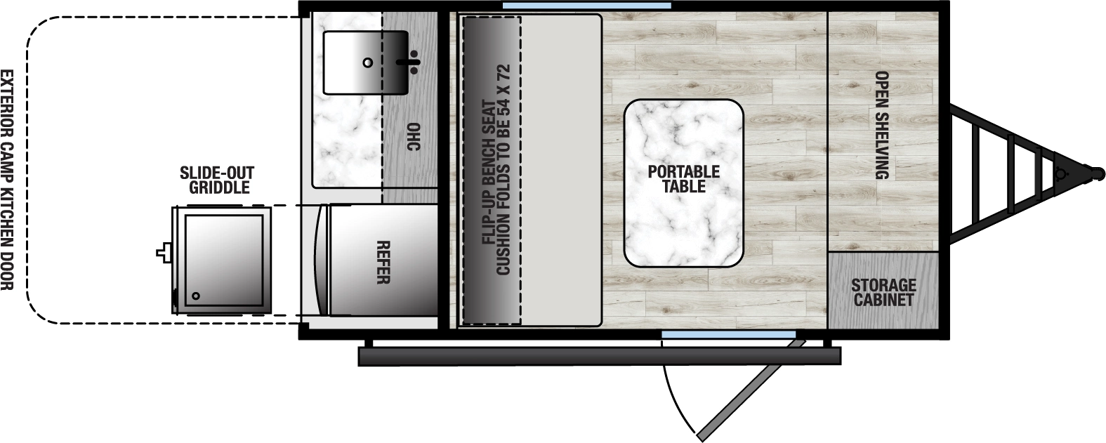 The Clipper ROK 8000ROK floorplan has one entry and zero slide outs. Exterior features include: metal exterior, 7' awning and outside kitchen. 